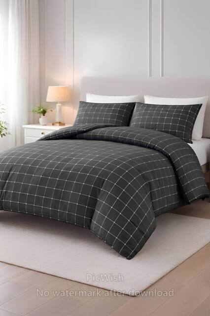 Pamposh Double Brushed Microfibre Check Duvet Cover Set Reversible in Charcoal - Size: Single - image 1