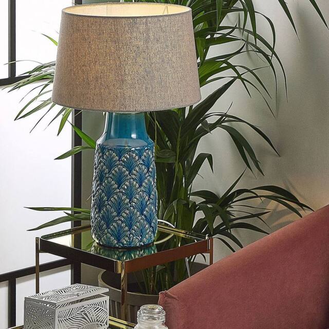 Wyld and Coco Sea Blue Grey Leaf Ceramic Bedside Lamp 55cm - image 1