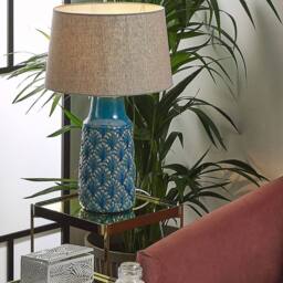 Wyld and Coco Sea Blue Grey Leaf Ceramic Bedside Lamp 55cm - thumbnail 1