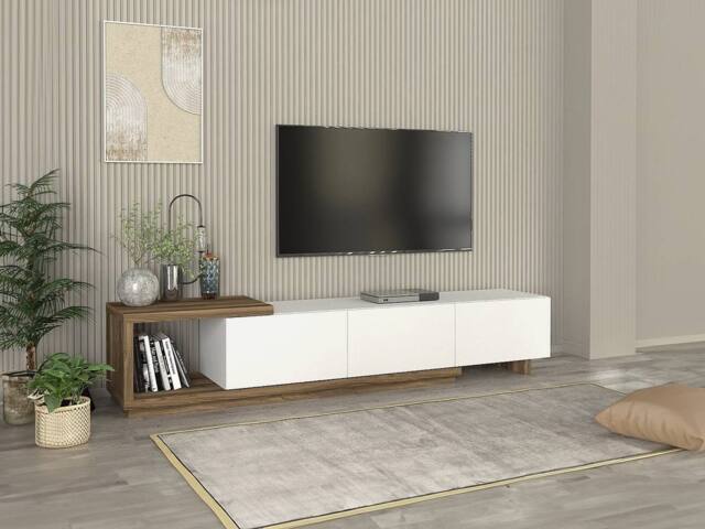 Vente-unique TV Stand With 3 Drawers & 1 Open Compartment - White & Natural in Light Oak - image 1
