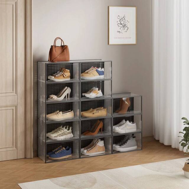 KORVIXA 12 Pcs Plastic Shoe Storage Boxes in Black - Size: 500mm - image 1