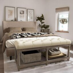 Rafaelo Mobilia Upholstered Wooden Bench Seat With Shelf Cream White in Light Brown - thumbnail 4