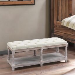 Rafaelo Mobilia Upholstered Wooden Bench Seat With Shelf Cream White in Light Brown