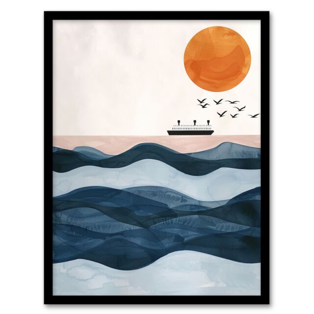 "Artery8 Ocean Liner Ship With Seagulls Over Sea Waves Framed Wall Art in Blue - Size: W12"" x H16""" - image 1