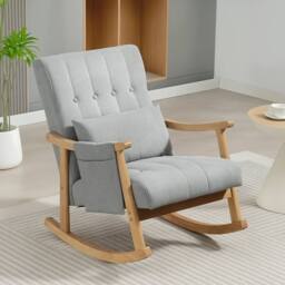 HOMCOM Modern High Back Rocking Chair with Solid Wood Legs in Light Grey - thumbnail 1