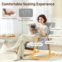 HOMCOM Modern High Back Rocking Chair with Solid Wood Legs in Light Grey - thumbnail 6
