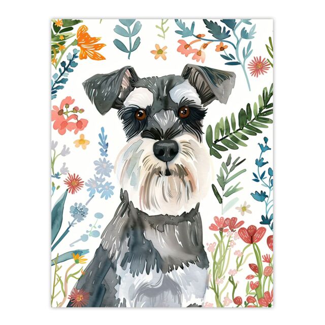 "Artery8 Dog Lover Miniature Schnauzer Floral Portrait Wall Art Print - Size: W24"" x H32""" - image 1