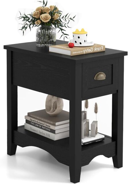 Gymax Retro Side Table Nightstand End Table With 1 Drawer & Solid Wood Legs in Black - image 1