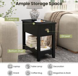 Gymax Retro Side Table Nightstand End Table With 1 Drawer & Solid Wood Legs in Black - thumbnail 4