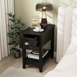 Gymax Retro Side Table Nightstand End Table With 1 Drawer & Solid Wood Legs in Black - thumbnail 2