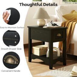 Gymax Retro Side Table Nightstand End Table With 1 Drawer & Solid Wood Legs in Black - thumbnail 6