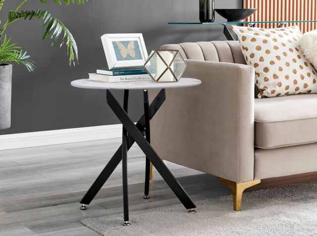 FurnitureboxUK Novara Round Marble Effect Glass Top Side Table With Black Metal Starburst Legs in White