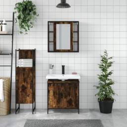 Berkfield Home 3 Piece Bathroom Cabinet Set Smoked Oak Engineered Wood in Brown - thumbnail 3
