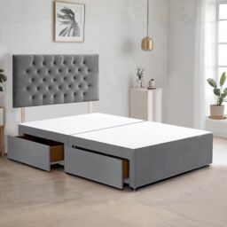"Bed Time UK Plush Divan Bed Frame with 2 Drawers & 20"" Chesterfield Headboard in Grey - Size: Small Double" - thumbnail 1