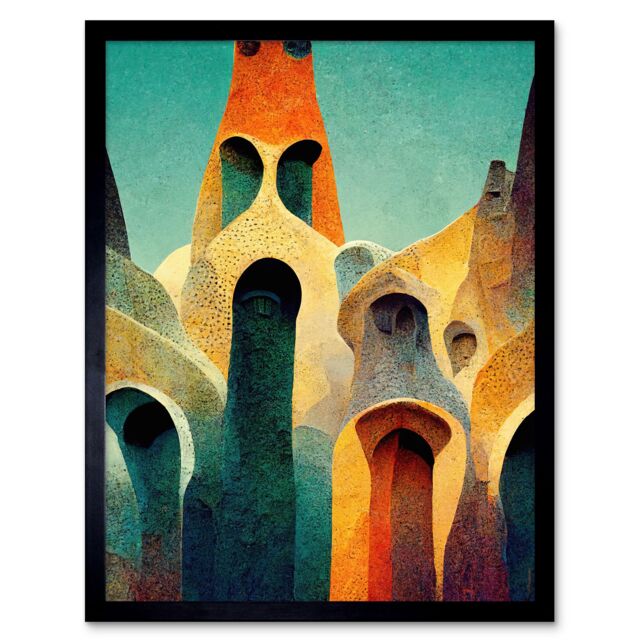 "Artery8 Wall Art Print Colourful Modern Painting Gaudi Style Architecture Sagrada Familia Art Framed in Black - Size: W12"" x H16""" - image 1