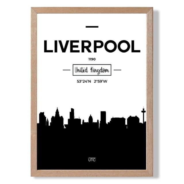 ARTZE Liverpool Black & White City Skyline Framed Print SIZE: A4 with Oak Frame - image 1