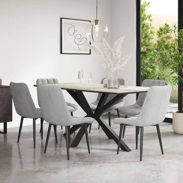More4Homes Juno Calcutta Gold Ceramic Dining Table & 6 Nova Velvet Chairs in Grey - image 1