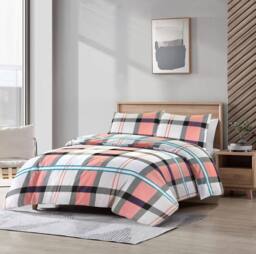 Homes-Linen Checkered Duvet Cover Set in Pink - Size: Double