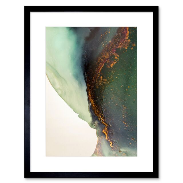"Artery8 Wall Art Print Abstract Paint with Gold Green Art Framed 9x7 inch in Black - Size: W7"" x H9""" - image 1