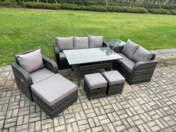 Fimous 8 Piece Rattan Garden Furniture Set with Patio Sofa Rectangular Dining Table Side Table 3 Small Footstools Indoor Conservatory Patio Set - thumbnail 2