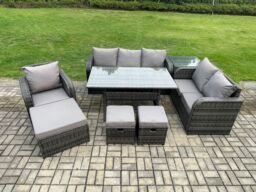 Fimous 8 Piece Rattan Garden Furniture Set with Patio Sofa Rectangular Dining Table Side Table 3 Small Footstools Indoor Conservatory Patio Set - thumbnail 1