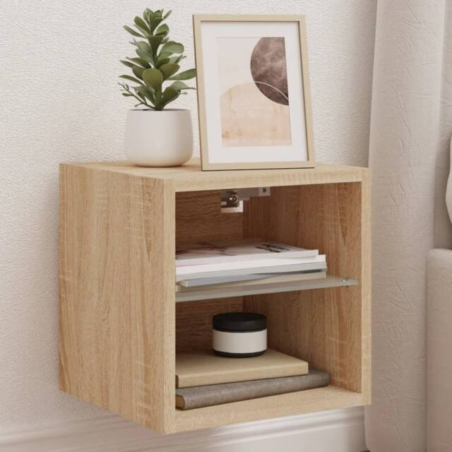 Berkfield Home TV Wall Cabinets with LED Lights 2 pcs Sonoma Oak 30x28.5x30 cm in Natural - image 1