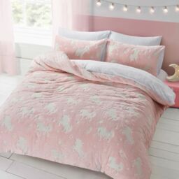 Velosso Glow In The Dark Teddy Unicorn Warm & Cosy Duvet Cover And in Pink - Size: Single