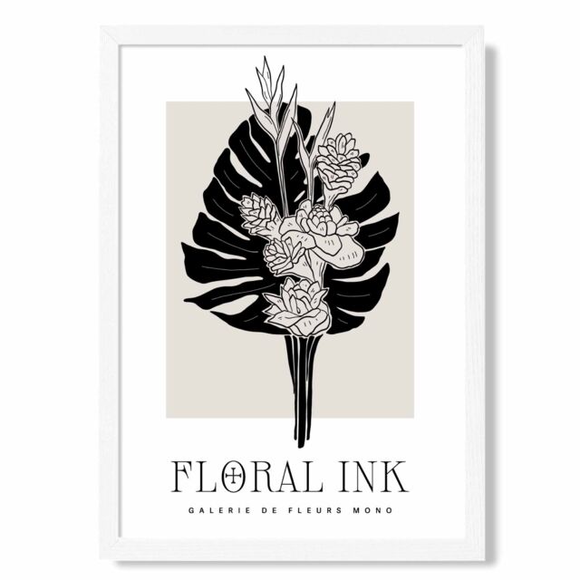 ARTZE Tropical Bouquet in Black & Beige Floral Ink Sketch Framed Print SIZE: A2 with White Frame - Size: A4 - image 1