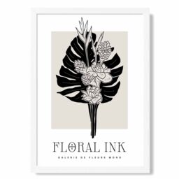ARTZE Tropical Bouquet in Black & Beige Floral Ink Sketch Framed Print SIZE: A2 with White Frame - Size: A4 - thumbnail 1