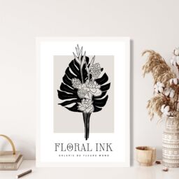 ARTZE Tropical Bouquet in Black & Beige Floral Ink Sketch Framed Print SIZE: A2 with White Frame - Size: A4 - thumbnail 2