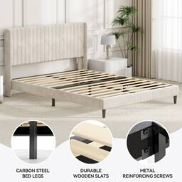 MCC Direct Velvet Upholstered Double Bed Frame with Channel Headboard Charlie in Beige - thumbnail 3