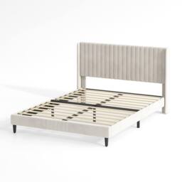 MCC Direct Velvet Upholstered Double Bed Frame with Channel Headboard Charlie in Beige