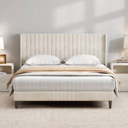 MCC Direct Velvet Upholstered Double Bed Frame with Channel Headboard Charlie in Beige - thumbnail 8