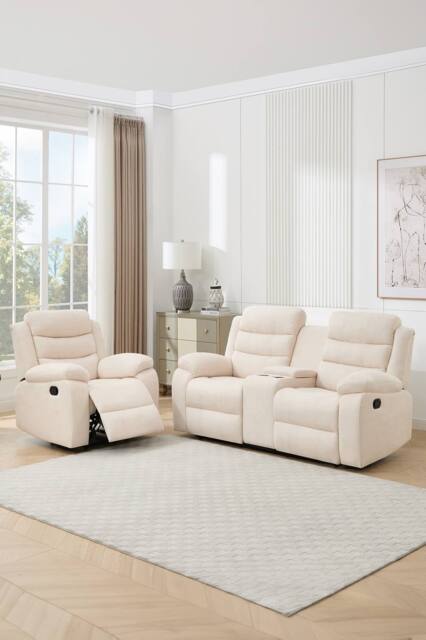 More4Homes Boston Manual Recliner Fabric 1+2 Seater Sofa Set w Drinks Console in Beige - image 1