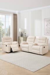 More4Homes Boston Manual Recliner Fabric 1+2 Seater Sofa Set w Drinks Console in Beige - thumbnail 1