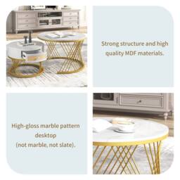 BTM Marble & Rattan Nesting Table, Gold Legs, 2-in-1 Set in White - thumbnail 6