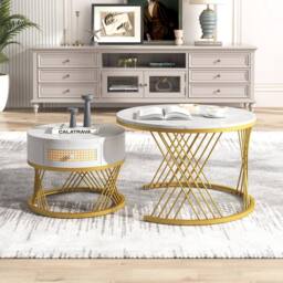 BTM Marble & Rattan Nesting Table, Gold Legs, 2-in-1 Set in White - thumbnail 3