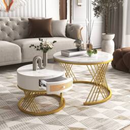 BTM Marble & Rattan Nesting Table, Gold Legs, 2-in-1 Set in White - thumbnail 2