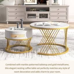 BTM Marble & Rattan Nesting Table, Gold Legs, 2-in-1 Set in White - thumbnail 4