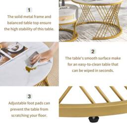 BTM Marble & Rattan Nesting Table, Gold Legs, 2-in-1 Set in White - thumbnail 5