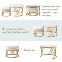 BTM Marble & Rattan Nesting Table, Gold Legs, 2-in-1 Set in White - thumbnail 7