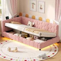 Merax 3ft Single Boucle Side Hydraulic Ottoman Day Bed with LED & Charging in Pink - thumbnail 2