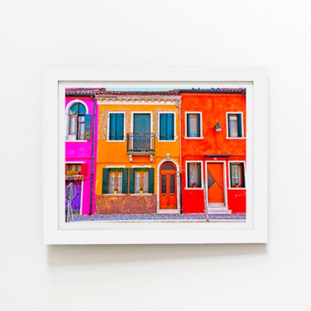 "Warren Reed - Designer Colourful Houses In Burano, Venice, Italy Framed Art Print in White - Size: W20"" x H30""" - image 1