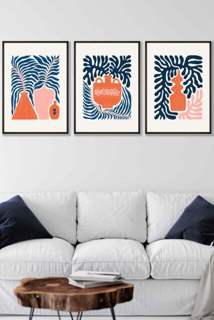 ARTZE Set of 3 Black Framed Pink & Navy Blue Boho Graphical Botanical Wall Art - Size: W33 cm x H45 cm x D20mm - image 1
