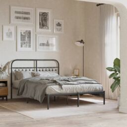 Berkfield Home Metal Bed Frame without Mattress with Headboard Black 140x190cm - Size: 140x190 cm - thumbnail 1