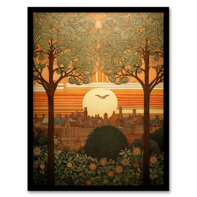 Artery8 Wall Art Print Art Nouveau Autumn Village Sunset Artwork Painting Art Framed in Orange - Size: A4 - image 1
