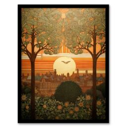 Artery8 Wall Art Print Art Nouveau Autumn Village Sunset Artwork Painting Art Framed in Orange - Size: A4 - thumbnail 1