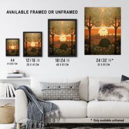 Artery8 Wall Art Print Art Nouveau Autumn Village Sunset Artwork Painting Art Framed in Orange - Size: A4 - thumbnail 3