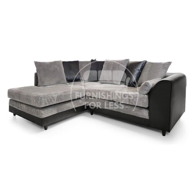 Furnishings For Less UK Luca 3-4 Seater L Shaped Corner Sofa Fabric & Leather Trim Black & Grey Left Hand Facing - image 1
