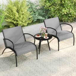 Gymax 3 PCS Metal Patio Chair Set Round Coffee Table & Wide Armchairs Set in Grey - thumbnail 5